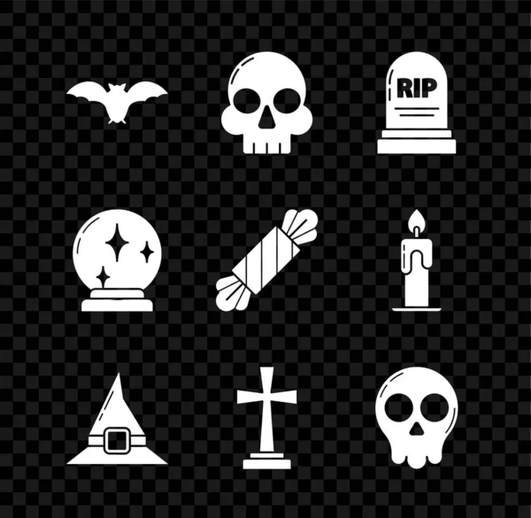 Set Flying bat, Skull, Tombstone with RIP, Witch hat, cross, Magic ball and Candy icon (en inglés). Vector — Archivo Imágenes Vectoriales