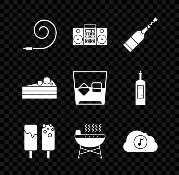 Set Verjaardagsfeest hoorn, Home stereo met twee luidsprekers, Champagne fles, IJs, Barbecue grill, Muziek streaming service, Cake en Glas whisky en kubussen pictogram. Vector — Stockvector