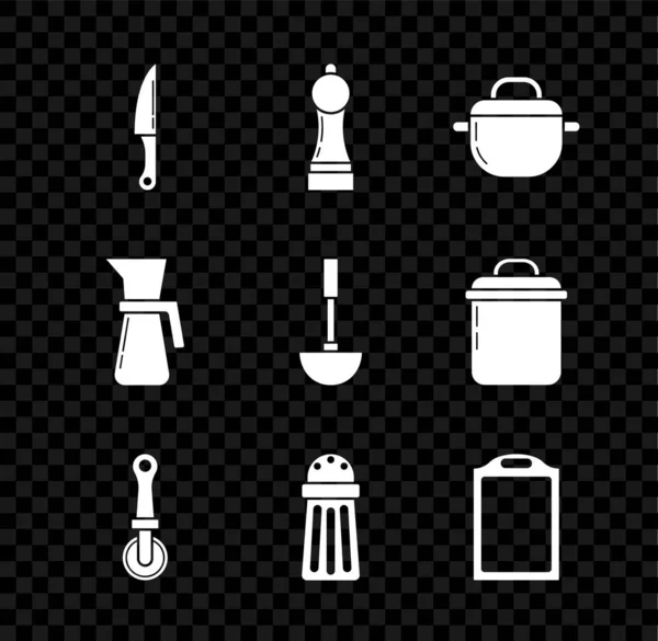 ナイフ、ペッパー、調理鍋、ピザナイフ、塩、まな板、計量カップ、キッチンラドルのアイコンを設定します。ベクトル — ストックベクタ