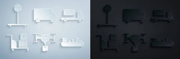 Set Lieferdrohne mit dem Paket, Post-LKW, Elektrische Hand und Boxen, Frachtschiff-Lieferservice, Frachtfahrzeug und Waage-Symbol. Vektor — Stockvektor