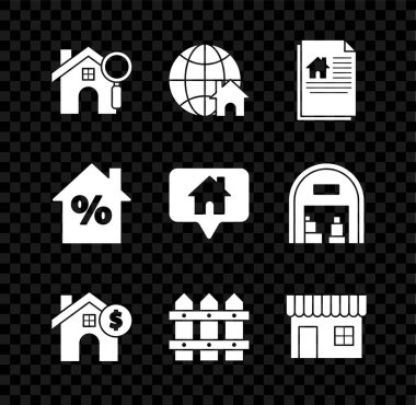 Arama evini ayarla, Globe sembollü, ev sözleşmesi, dolar, bahçe çitleri ahşap, alışveriş binası ya da market, indirimli satış etiketi ve harita işaretleyici simgesi. Vektör