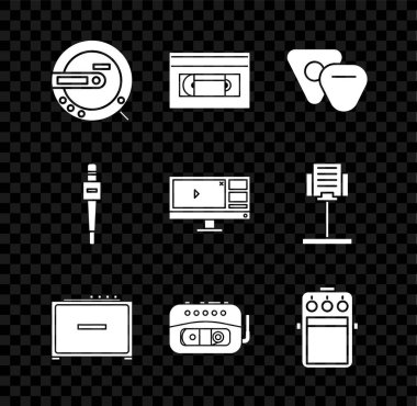 Müzik CD çalar, VHS video kaset teybi, Gitar penası, amplifikatör, pedal, mikrofon ve video kaydedici veya düzenleyici yazılım simgesi ayarla. Vektör
