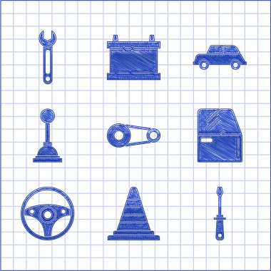 Zaman ayarlı kemer kiti, trafik konisi, tornavida, araba kapısı, direksiyon, vites kolu ve anahtar simgesi. Vektör