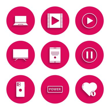 Tablet 'i, Güç düğmesini, Sevgi ve Kalbi, Duraklat, Akıllı Telefon, Cep Telefonu, TV, daire şeklinde oynat ve dizüstü bilgisayar simgesini kullan. Vektör