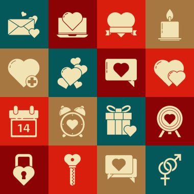 Dartların ortasına cinsiyet, kalp, nişan al, kurdele, kalpli zarf ve ikon gibi. Vektör