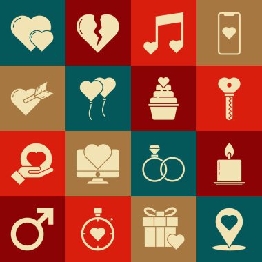 Kalp, yanan mum, anahtar şekli, nota, nota, balon şekli, Aşk oku, Kalp ve ikon şeklinde bir harita belirle. Vektör