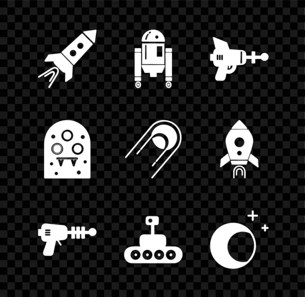 로켓 우주선을 불, 로봇, 레이 건, 마스 로버, 달 과 별, 에일리언 과 위성 아이콘으로 설정 한다. Vector — 스톡 벡터