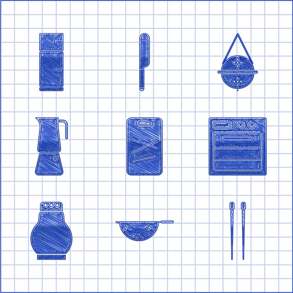 Set snijplank, keukenvergiet, eetstokjes, oven, peper zout, Moka pot, Ball thee zeef en koelkast icoon. Vector — Stockvector