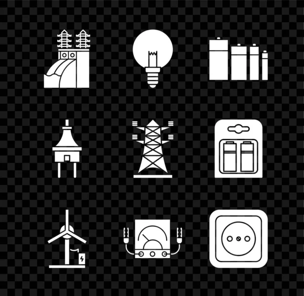 Set Nuclear power plant, Light bulb, Battery, Wind turbine, Ampere meter, multimeter, voltmeter, Electrical outlet, plug and High voltage pole line icon. Vector — Stock Vector