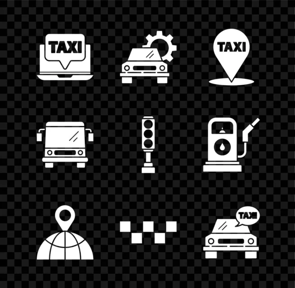 Définir le service de taxi d'appel d'ordinateur portable, Voiture, Pointeur de carte avec, Emplacement sur le globe, Toit de voiture de taxi, Bus et icône de feu de circulation. Vecteur — Image vectorielle