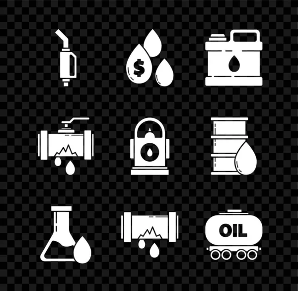 Benzin pompası hortumunu, dolar sembollü yağ damlasını motor yağı, benzin test tüpü, kırık metal boru sızıntısı suyu, demiryolu sarnıcısını ve benzin istasyonu simgesini ayarlayın. Vektör — Stok Vektör