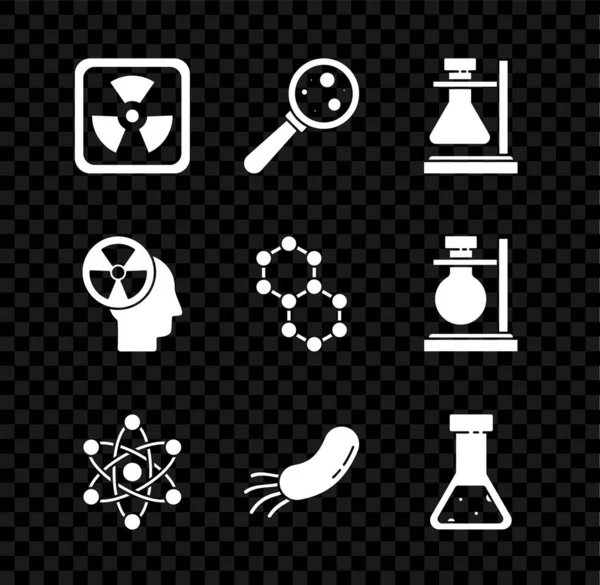 Instellen Radioactief, Micro-organismen onder vergrootglas, reageerbuiskolf op standaard, Atom, Bacteriën, chemische, Human head straling en Molecule pictogram. Vector — Stockvector