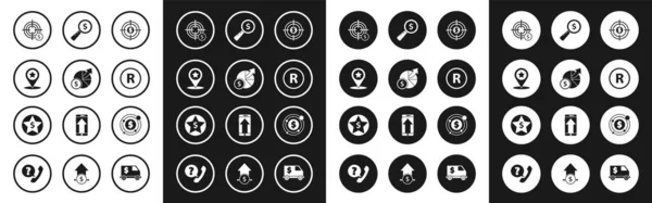 Ziel mit Dollar, Geld und Diagramm-Diagramm, Kartenzeigerstern, Symbol, eingetragener Marke, Lupe und Sternsymbol festlegen. Vektor — Stockvektor