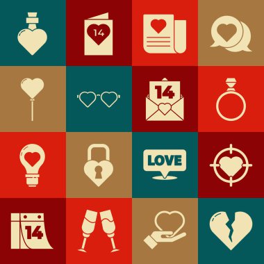 Kırık kalp ya da boşanma, dartın ortasında kalp hedef hedefi, elmas nişan yüzüğü, sevgililer günü zarfı, aşk bardakları, balon formu, şişe ikonu ve ikon. Vektör
