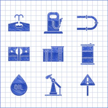 Petrol endüstrisi binası, pompa kriko, ünlem işareti üçgeni, varil yağı, damla, kağıt para yığını, endüstriyel pipo ve petrol ikonu. Vektör