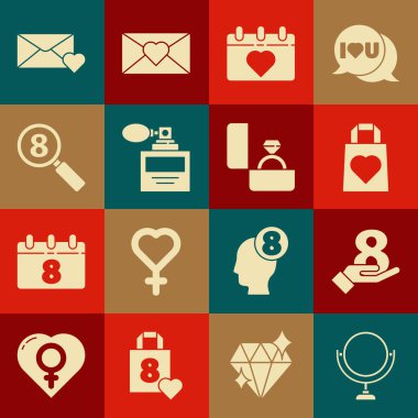 Yuvarlak makyaj aynası, 8 Mart 'ta hazır olsun içinde kalp, takvim, parfüm, arama, zarf ve elmas nişan ikonu olan alışveriş çantası. Vektör