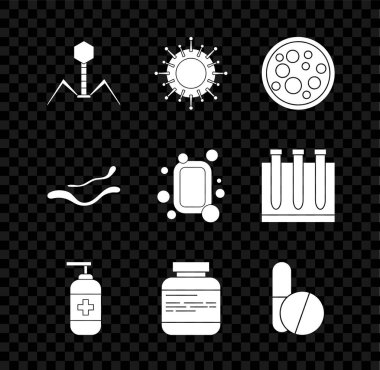 Bakteri bakteriyofajı, virüs, bir şişe sıvı antibakteriyel sabun, ilaç şişesi, hap veya tablet, Ebola virüsü hastalığı ve Bar ikonu. Vektör