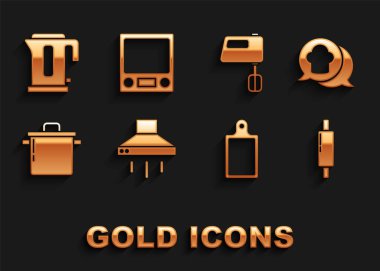 Mutfak sökücü fanı, konuşma balonunda şef şapkası, Rolling pin, kesme tahtası, pişirme kabı, elektrikli mikser, su ısıtıcısı ve elektronik ölçek ikonu. Vektör