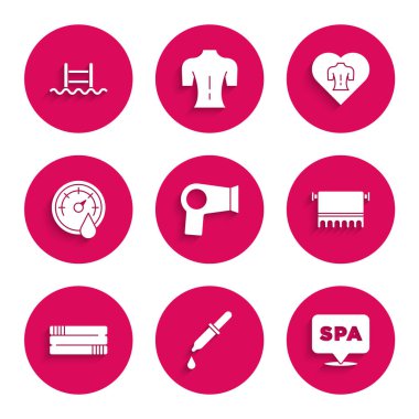 Saç kurutma makinesi, Pipette, Spa salonu, havlu askısı, yığın, sauna termometresi, masaj ve merdiven ikonlu yüzme havuzu. Vektör