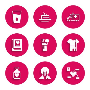 Taze smoothie, meditasyon, sağlık kalbine dikkat, spor eşofman, vitamin hapı, tıp kitabı, ambulans ve acil durum arabası ve su ikonlu cam. Vektör