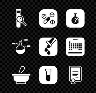 Test tüpü ve matara, ilaç hapı ya da tablet, çatlamış, havan topu, sertifika şablonu ve simgeyi hazırlayın. Vektör