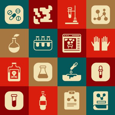 Kimya kitabı, Pipette, tıbbi lastik eldivenler, test tüpü şişesi yanıyor ve bitki yetiştirme, ilaç veya tablet ve kimyasal online ikon. Vektör