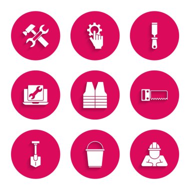 Güvenlik yeleği, Kova, İnşaatçı, El testeresi, Kürek, Laptop servisi, Rasp metal dosyası ve çekiç anahtarı simgesi. Vektör