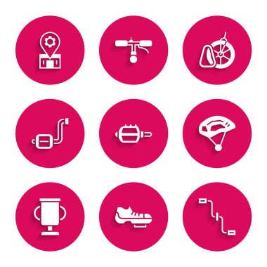 Bisiklet pedalı, ayakkabılar, pedallar, miğfer bisiklet, park ve tamir ikonu olan ödül kupası. Vektör