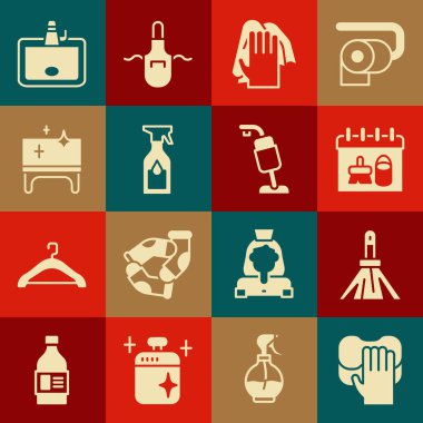 Temizlik seti, süpürge, takvim, sprey şişe, masa, lavabo ve elektrik süpürgesi ikonu. Vektör