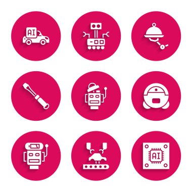 Robot, robot kolu fabrikada mikro devreli işlemci, elektrik süpürgesi, düşük akü şarjı, tornavida, garson ve otonom akıllı araba ikonu. Vektör