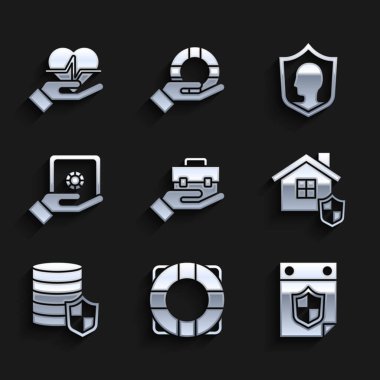 El çantası, Lifebuoy, kalkanlı takvim, House, Money, güvenli el, sigorta ve ikon. Vektör