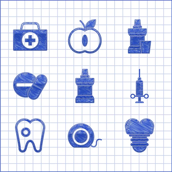 Set plastic fles met mondspoeling, tandflos, implantaat, medische spuit, tanden met cariës, medicijnpil of tablet en pictogram van de EHBO-kit. Vector — Stockvector