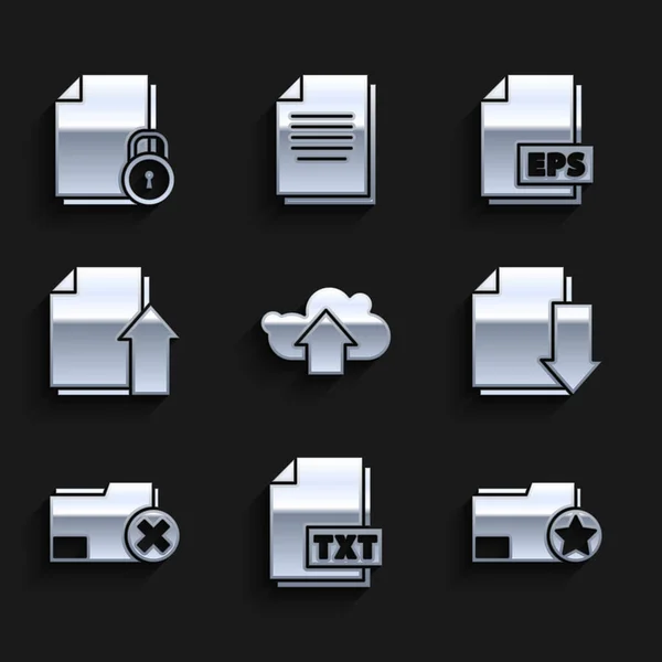 Définir le téléchargement Cloud, le document de fichier TXT, le dossier Document avec étoile, le téléchargement, la suppression, le téléchargement, l'EPS et l'icône de verrouillage. Vecteur — Image vectorielle