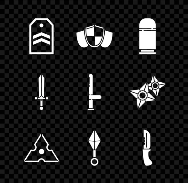 Set Chevron, Shield, Cartridges, Japanese ninja shuriken, Military knife, Medieval sword and Police rubber baton icon. Vector — Stock Vector