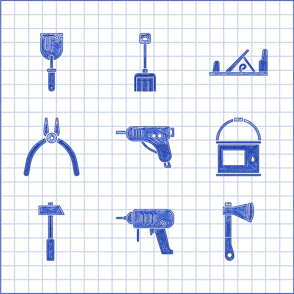 Set Pistola de pegamento caliente eléctrica, máquina perforadora, hacha de madera, cubo de pintura, martillo, herramienta Alicates, avión y masilla cuchillo icono. Vector — Archivo Imágenes Vectoriales