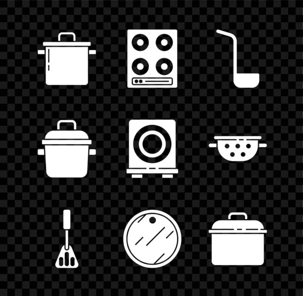 Встановіть каструлю для приготування їжі, газову плиту, кухонну ковдру, шпатель, обробну дошку та електричну іконку. Векторні — стоковий вектор