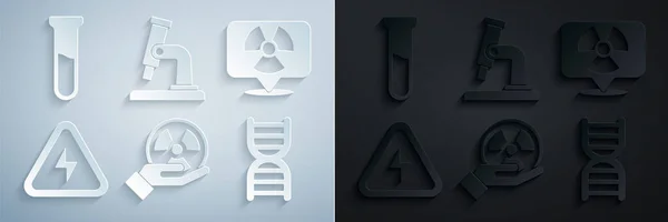 Radyoaktifi ayarlayın, yüksek voltaj, DNA sembolü, mikroskop ve test tüpü ve matara simgesi. Vektör — Stok Vektör