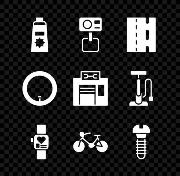 Set Zonnecrème in tube, Actie extreme camera, Fietspad, Smart horloge, Metaalschroef, wiel en reparatie service icoon. Vector — Stockvector