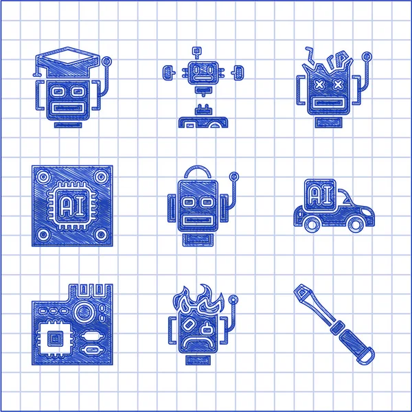Set Robot, queimado, chave de fenda, carro inteligente autônomo, chip digital de placa-mãe, processador com microcircuitos CPU, robô quebrado e ícone. Vetor —  Vetores de Stock