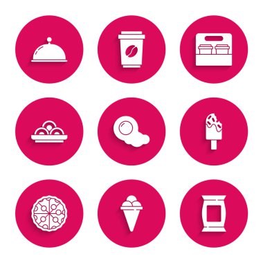 Çırpılmış yumurta, waffle külahında dondurma, patates cipsi, pizza, Asya erişte kasesi, kahve fincanı git ve tepsi ikonu ile kaplı. Vektör