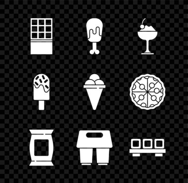 Çikolata, tavuk budu, kasede dondurma, patates cipsi, kahve fincanı, kesme tahtasında suşi ve waffle konisi. Vektör