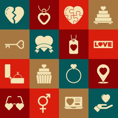 Elinde Kalp Ayarla, Kalpli Yer, Aşk Mesajı, Anahtar Şekli, Kırık ve Etiket Simgesi. Vektör