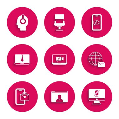 Kamerayı laptopta, sohbet konferansında, dilsiz mikrofon bilgisayarında, internette, Freelancer 'da, cep telefonunda ve simgede kapat. Vektör