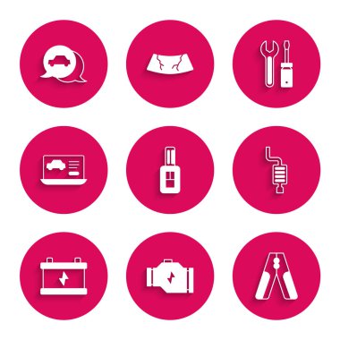 Anahtarı uzaktan kumandalı, motorunu kontrol et, pilli akü şarj kablosu, egzoz, arabanın tanısal durumu, tornavida ve anahtar anahtarı ve servis simgesi ile ayarla. Vektör