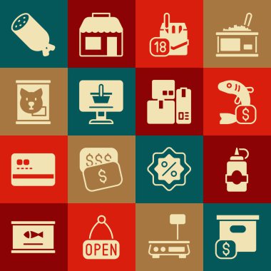 Fiyatı karton karton kutu, sos şişesi, balık etiketi, sigara paketi, alışveriş arabası bilgisayarı, konserve yiyecekler, salam sosisi ve kasa makinesi ikonu. Vektör