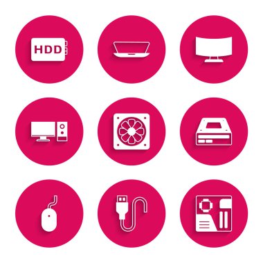 Bilgisayar soğutucusunu, USB kablo kablosunu, ana kart dijital çipi, optik disk sürücüsü, fare, monitör, ekran ve sabit disk HDD simgesini ayarla. Vektör