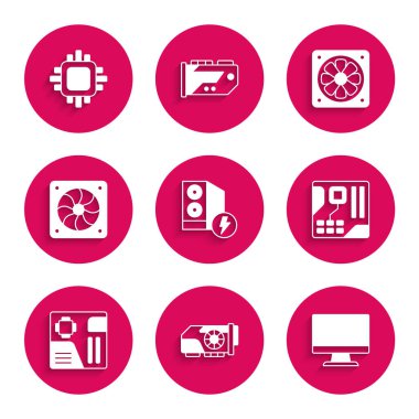 Bilgisayar, video grafik kartı, bilgisayar monitörü, ana kart dijital çip, soğutucu ve işlemci işlemcisini işlemci simgesiyle ayarla. Vektör