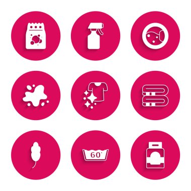 Kuru giysiler, ısı temizleme, çamaşır deterjanı, havlu yığını, tüy, su dökülmesi, çamaşır makinesi ve ikon. Vektör