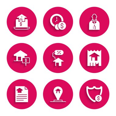 House 'u Percant, Location House, Shield Doları, kontrat, emlakçı ve Online emlak ikonu ile ayarla. Vektör