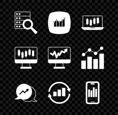 Sunucu, Finansal büyüme, borsa grafikleri, grafik grafikleri, mobil resim bilgileri ve Monitor simgesi ile ayarla. Vektör